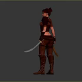 Fantasy Female Warrior In Red Outfit Holding Sword Standing On Gray Background