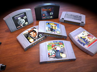 Retro Nintendo 64 Entertainment Electronics With Classic Video Game Cartridges 3d model