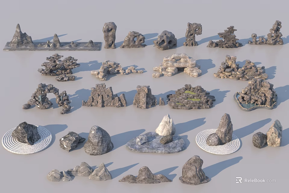Various Sizes And Shapes Of Stone And Wood Decorative Models For Landscape Design 3d model 