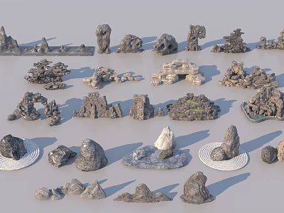 Various Sizes And Shapes Of Stone And Wood Decorative Models For Landscape Design 3d model