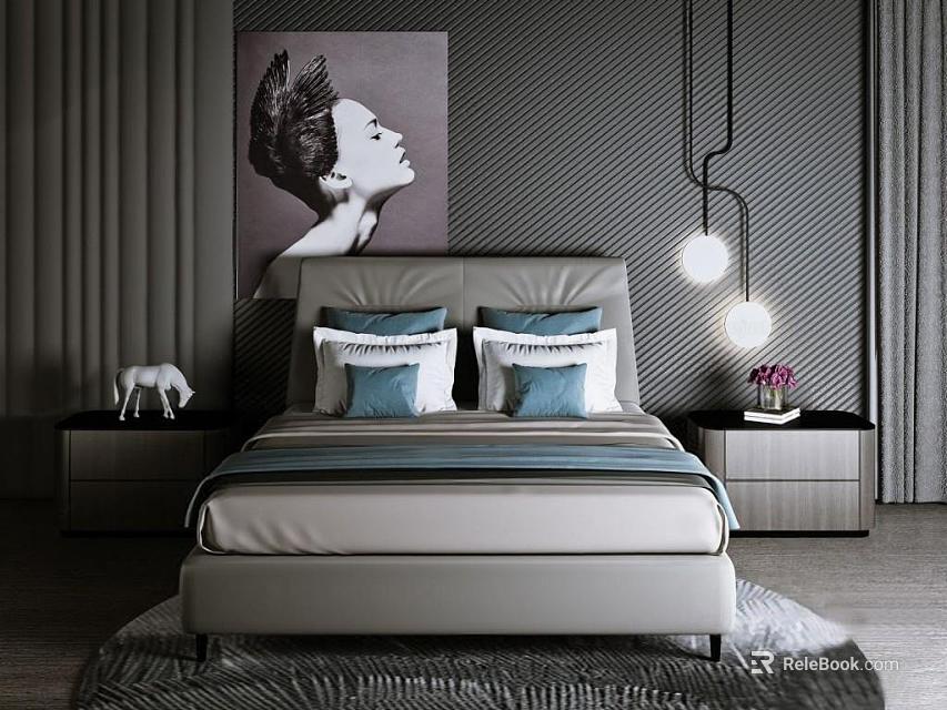 Modern Background Double Bed with Blue White Pillows Hanging Pendant Lights and Bedside Tables 3d model 