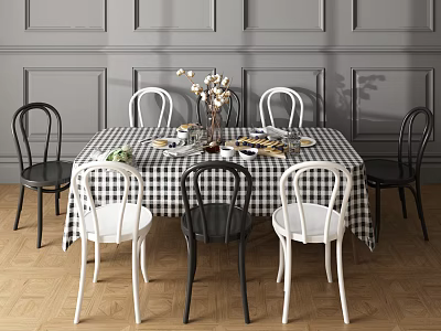 Dining Table Set With Black White Checkered Tablecloth Curved Back Chairs Vase Flowers Dinnerware 3d model