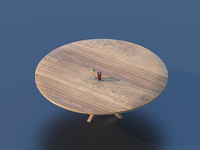 Round Wooden Dining Table With Natural Wood Grain And Beverage Glass 3d model