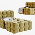 Olive Green Single Sofa With Round Button Tufted Design And Checkered Blanket 3d model