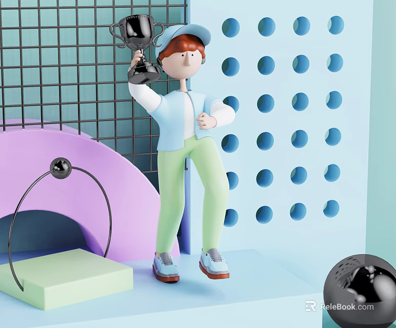 Cartoon Character In Blue Cap Holding Trophy With Colorful Geometric Background Elements 3d model 