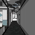Modern Office Corridor With Glass Partitions Geometric Carpet And Workstations