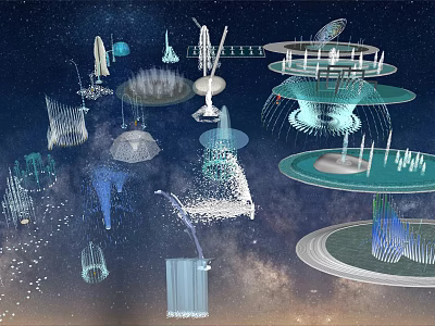 Futuristic Fountains With Various Shapes And Multi Layered Platforms In Starry Sky Background 3d model