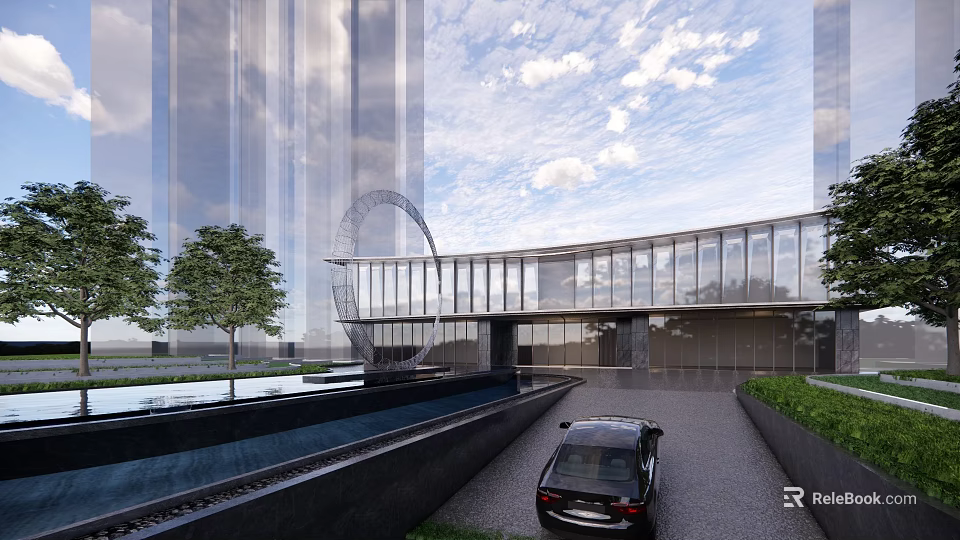 Modern Sales Office Building With Curved Glass Curtain Wall And Landscaped Water Feature 3d model 