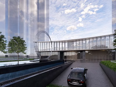 Modern Sales Office Building With Curved Glass Curtain Wall And Landscaped Water Feature 3d model