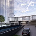 Modern Sales Office Building With Curved Glass Curtain Wall And Landscaped Water Feature
