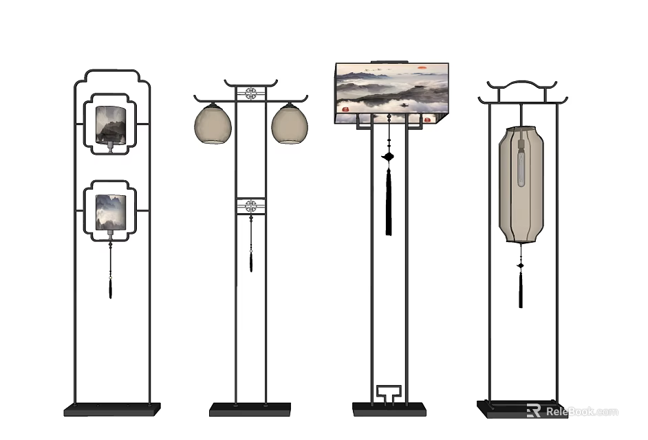 Traditional Chinese Style Floor Lamps With Lantern Frame Design And Decorative Landscape Panels 3d model 