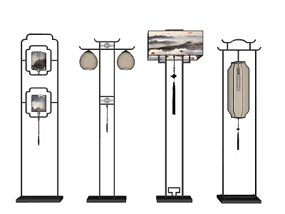 Traditional Chinese Style Floor Lamps With Lantern Frame Design And Decorative Landscape Panels 3d model