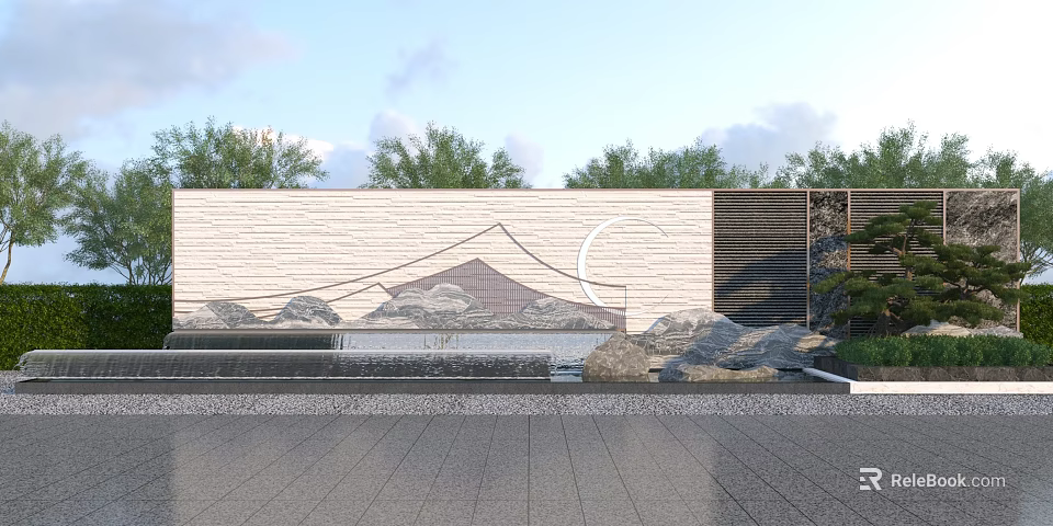 Natural Stone Landscape Wall With Linear Design Rock Formations And Cloudy Sky 3d model 