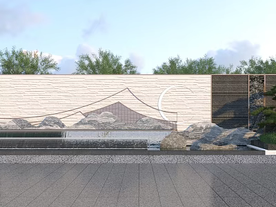 Natural Stone Landscape Wall With Linear Design Rock Formations And Cloudy Sky 3d model