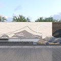 Natural Stone Landscape Wall With Linear Design Rock Formations And Cloudy Sky