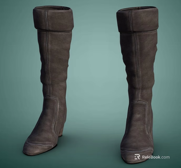 Dark Gray Leather Knee High Boots With Stitched Details For Fashionable Look 3d model 