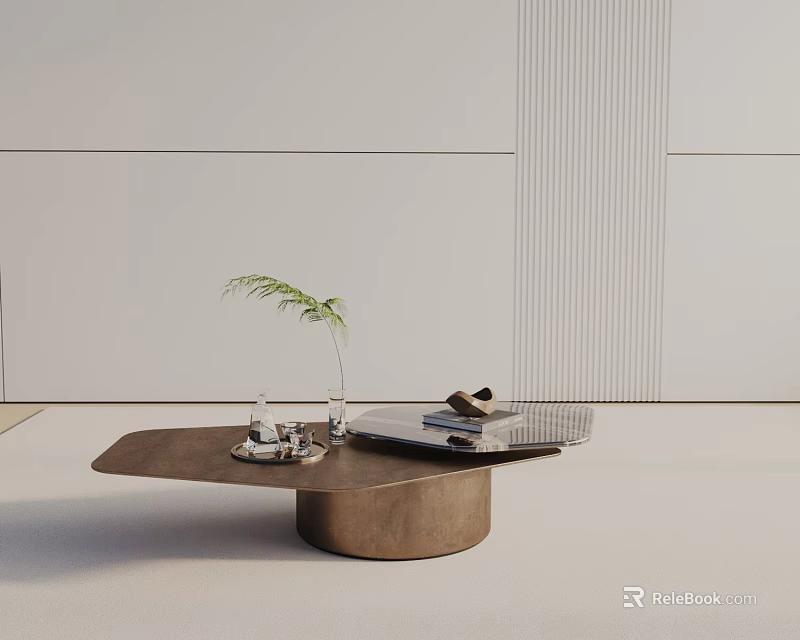 Modern Coffee Table With Small Plant Glass Cup Tray And Books Against Light Wall 3d model 