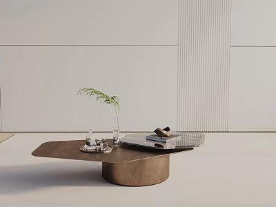 Modern Coffee Table With Small Plant Glass Cup Tray And Books Against Light Wall 3d model