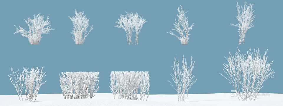 Snow Covered Bushes in Winter Landscape with Blue Background and Snowy Ground 3d model 
