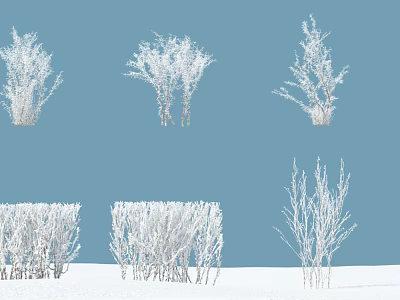 Snow Covered Bushes in Winter Landscape with Blue Background and Snowy Ground 3d model