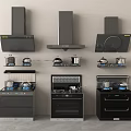 Modern Kitchen Appliances Display Featuring Different Styles Range Hoods And Stoves 3d model