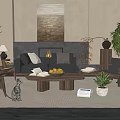 Cozy Modern Living Room Interior With Fireplace Sofa Coffee Table Fruits Plants And Artwork