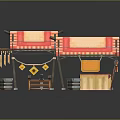Modern Street Market Stalls With Red White Striped Roofs And Wooden Crates