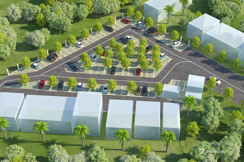 Scenic Parking Lot Area With Cars Trees White Buildings and Green Grass 3d model 