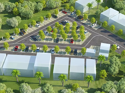 Scenic Parking Lot Area With Cars Trees White Buildings and Green Grass 3d model