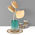 Decorative Ornament Set with Green Glass Vase Golden Fan Leaves Crystal Decor and Golden Tray