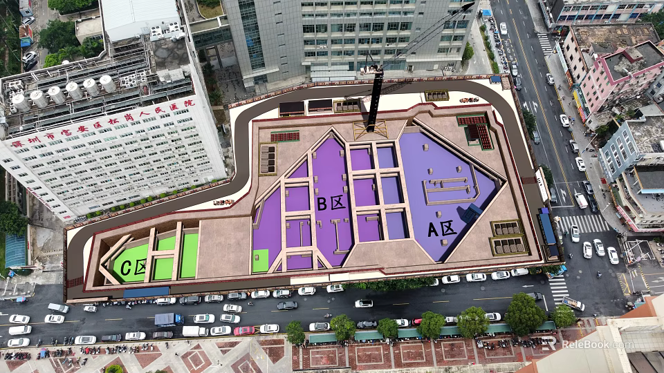 Aerial View of Road Facilities With Colored Zones Parking Areas Vehicles and High Rise Buildings 3d model 