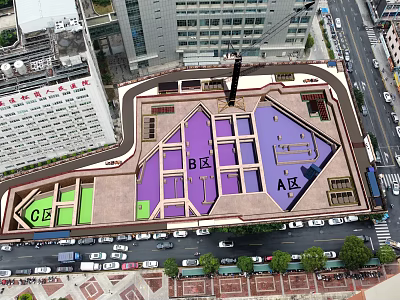 Aerial View of Road Facilities With Colored Zones Parking Areas Vehicles and High Rise Buildings 3d model