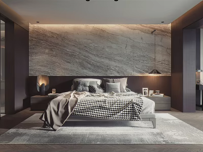 Modern Bedroom Interior With Marble Texture Wall Bed Multiple Pillows Blanket And Bedside Lamps 3d model