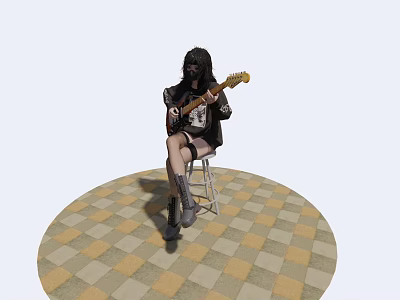 Woman Playing Electric Guitar Sitting On A Chair On Yellow And White Checkered Floor 3d model