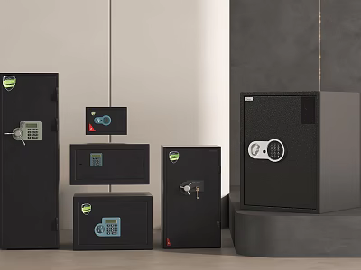Black Safes in Various Sizes with Digital and Key Lock Designs on 3d model