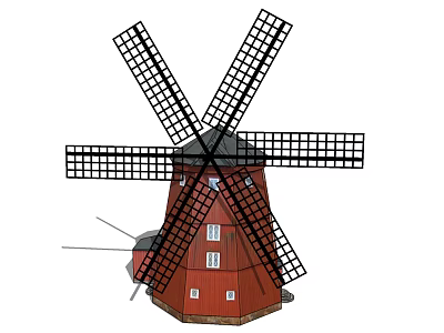 Traditional Windmill Architectural Components Featuring Red Wooden Tower Black Cross Sails And Windows 3d model