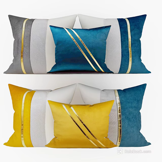 Stylish Decorative Pillows With Blue Yellow Gray Tones And Gold Stripes Design 3d model 