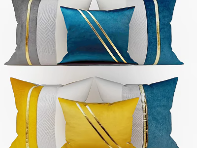 Stylish Decorative Pillows With Blue Yellow Gray Tones And Gold Stripes Design 3d model