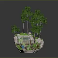 Cartoon Scenic Island Scene With Greenhouse Trees Solar Panels And Pathway Rocks