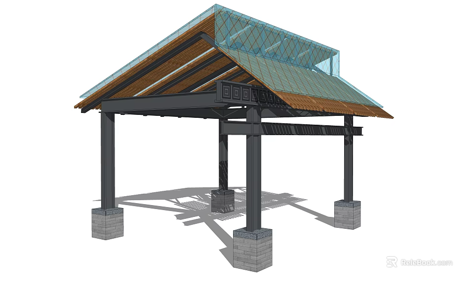 Modern Garden Pavilion Structure With Glass Roof Wooden Beams Black Pillars And Stone Bases 3d model 