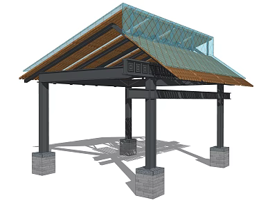 Modern Garden Pavilion Structure With Glass Roof Wooden Beams Black Pillars And Stone Bases 3d model