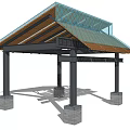Modern Garden Pavilion Structure With Glass Roof Wooden Beams Black Pillars And Stone Bases