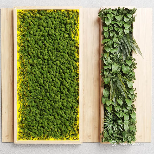 Indoor Living Plant Wall Decor Featuring Various Green Plants And Natural Wooden Frame 3d model 