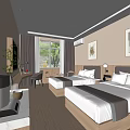 Modern Hotel Room Interior With Twin Beds Wooden Flooring Decorative Paintings Desk And Window Curtains