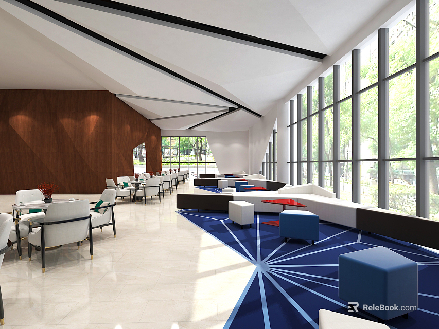 Modern Spacious Lounge Area With Comfortable Seating Large Windows And Blue Carpet 3d model 