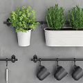 Kitchen Decorative Ornament Combination With Hanging Rods Utensils Mugs Cutting Boards Towels And Potted Plants