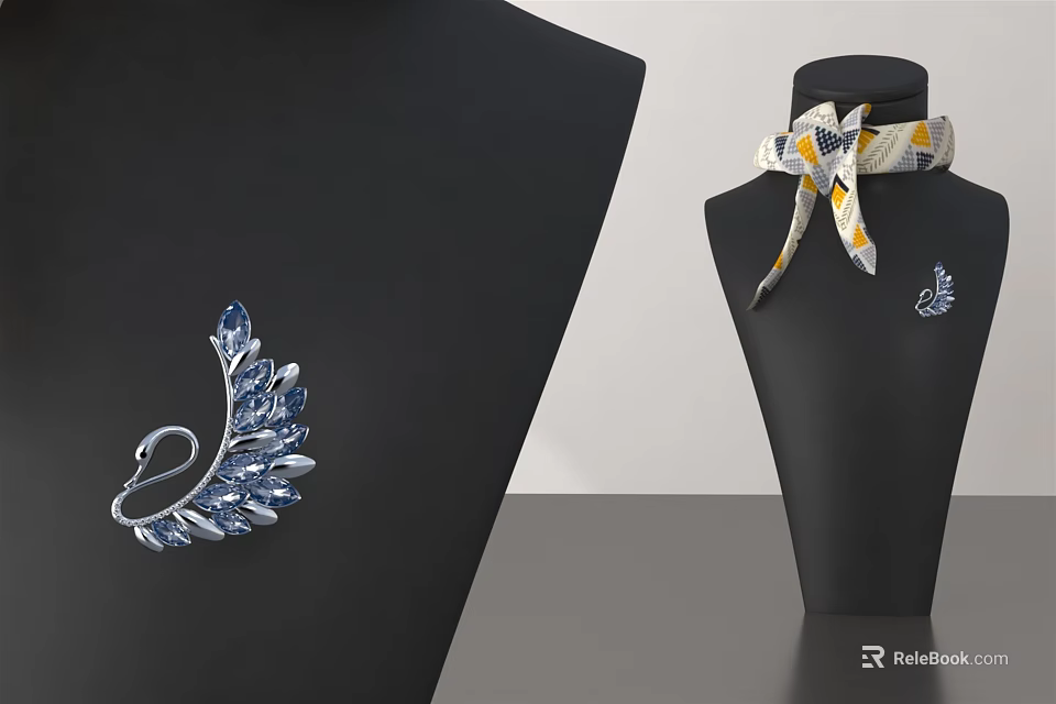 Elegant Swan Shaped Crystal Brooch Jewelry With Decorative Silk Scarf Accessory 3d model 