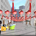 Lively Commercial Street With Multi Story Buildings Outdoor Seating Decorative Lights And Pedestrians