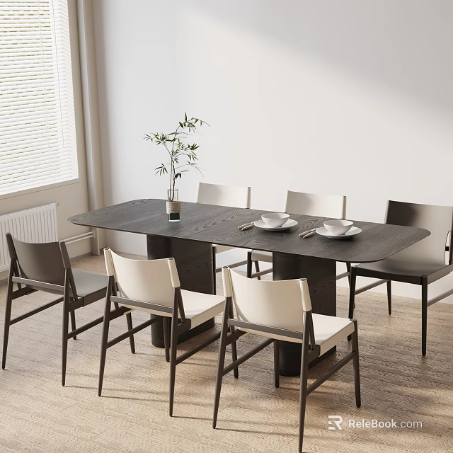 Modern Dark Wood Dining Table Set With White Seat Chairs And Potted Plant On Wooden Floor 3d model 