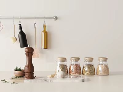 Stylish Kitchen Countertop With Hanging Rod Black Gold Bottles Spatula Wooden Pepper Grinder Glass Jars 3d model